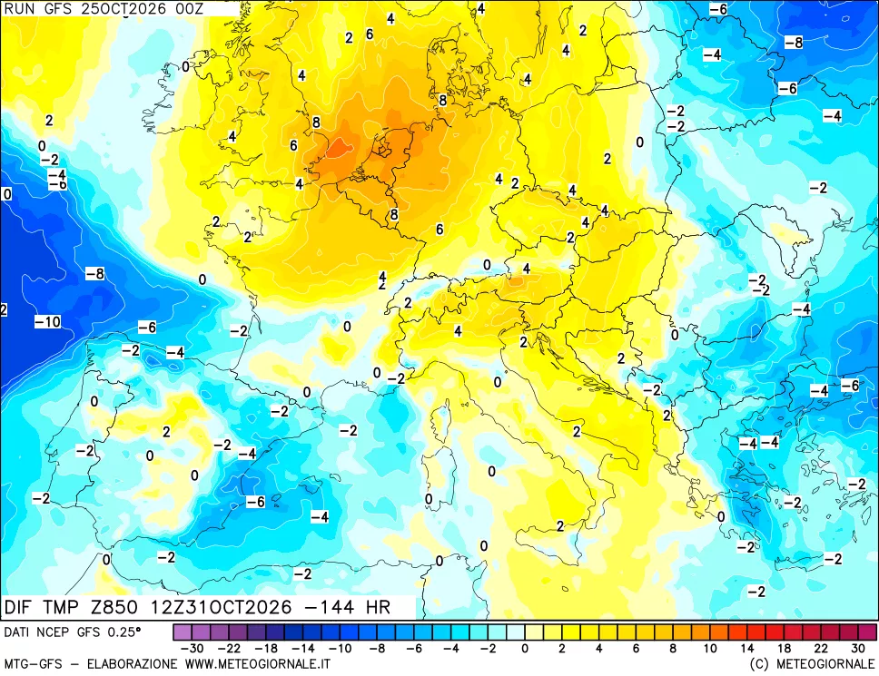mappa Dif. Temp a 850 hPa Valid - Init