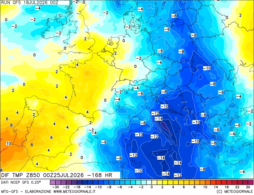 mappa Dif. Temp a 850 hPa Valid - Init