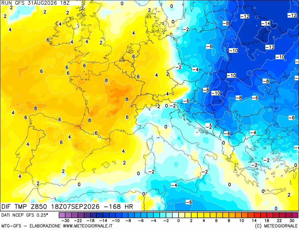 mappa Dif. Temp a 850 hPa Valid - Init