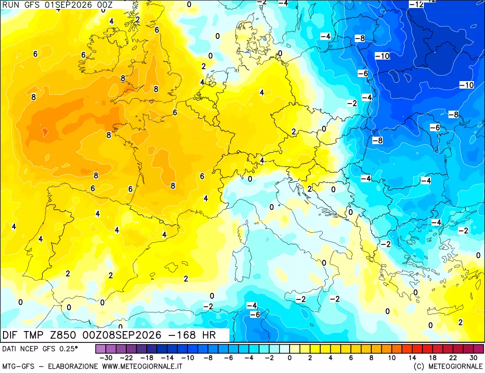 mappa Dif. Temp a 850 hPa Valid - Init