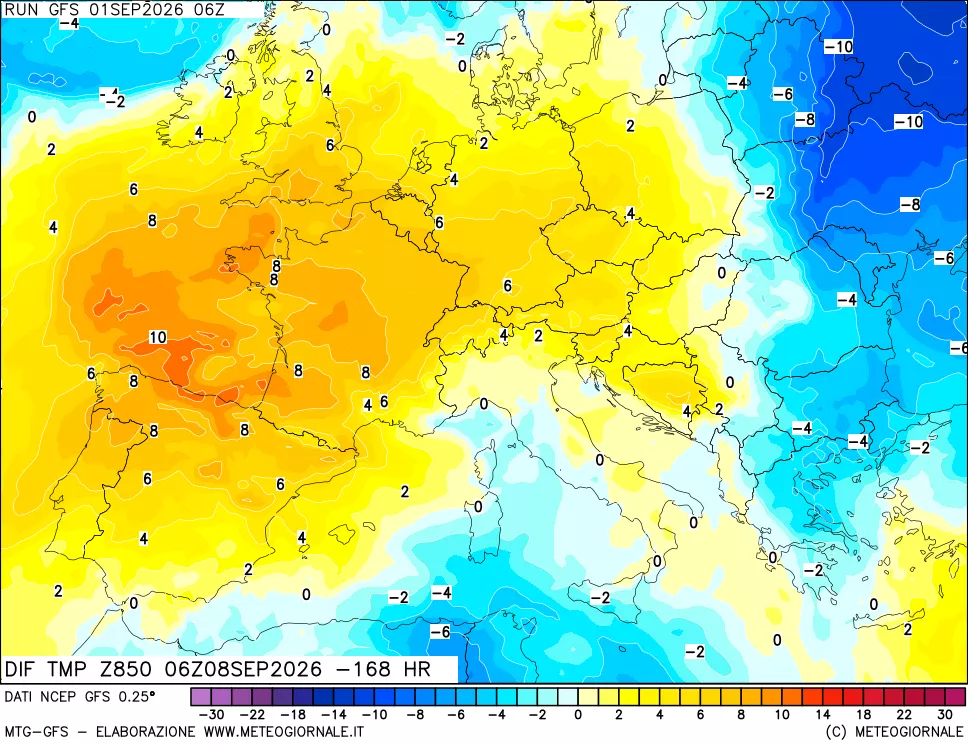mappa Dif. Temp a 850 hPa Valid - Init