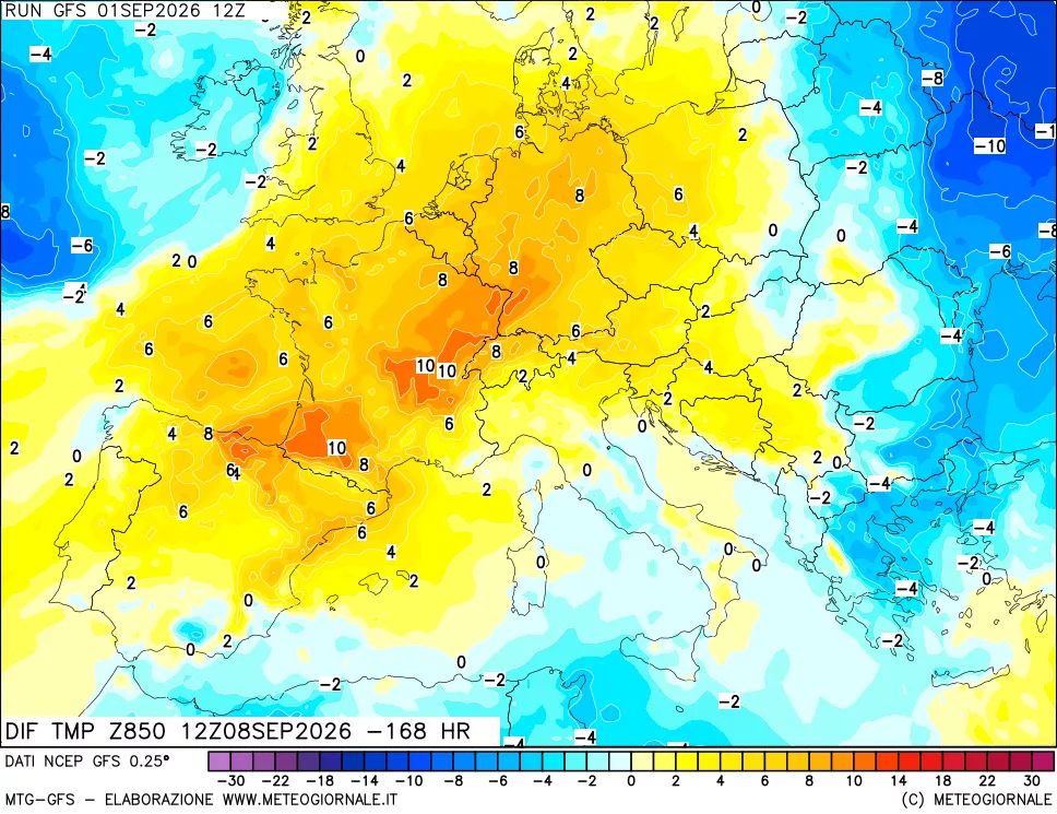 mappa Dif. Temp a 850 hPa Valid - Init