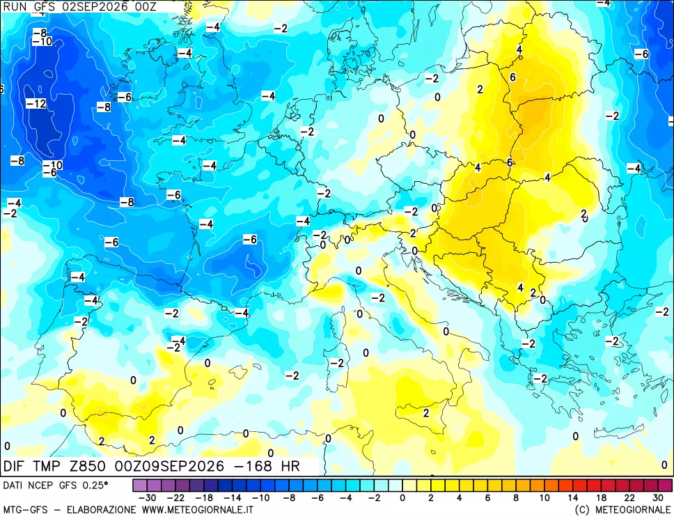mappa Dif. Temp a 850 hPa Valid - Init