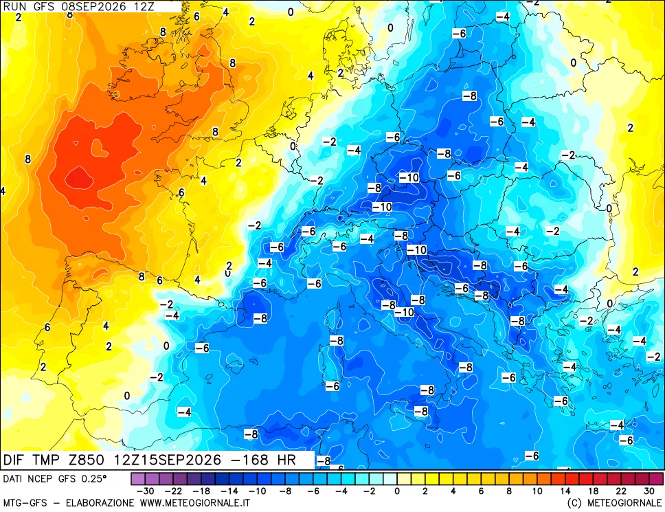 mappa Dif. Temp a 850 hPa Valid - Init