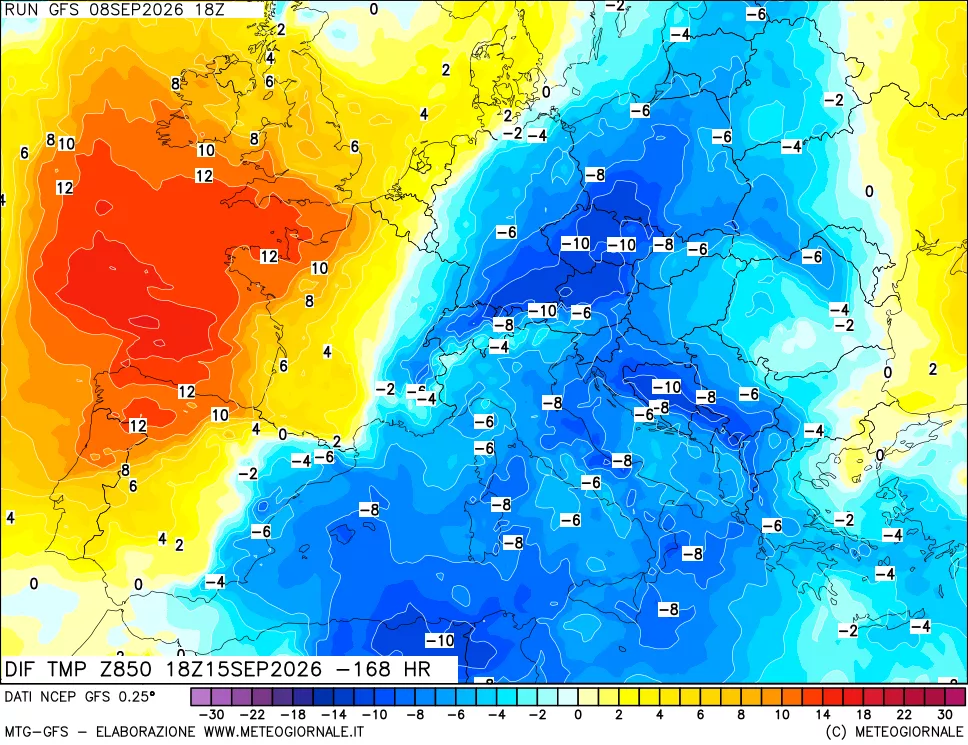 mappa Dif. Temp a 850 hPa Valid - Init