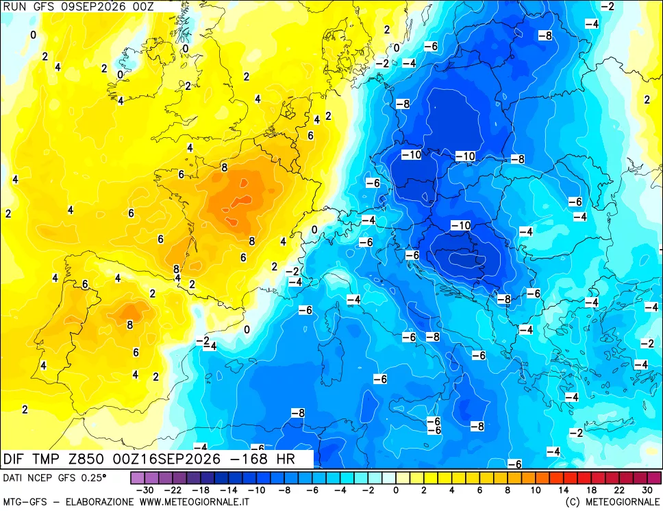 mappa Dif. Temp a 850 hPa Valid - Init