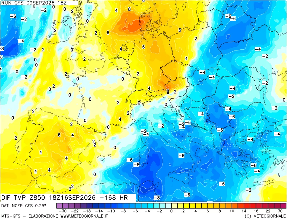 mappa Dif. Temp a 850 hPa Valid - Init