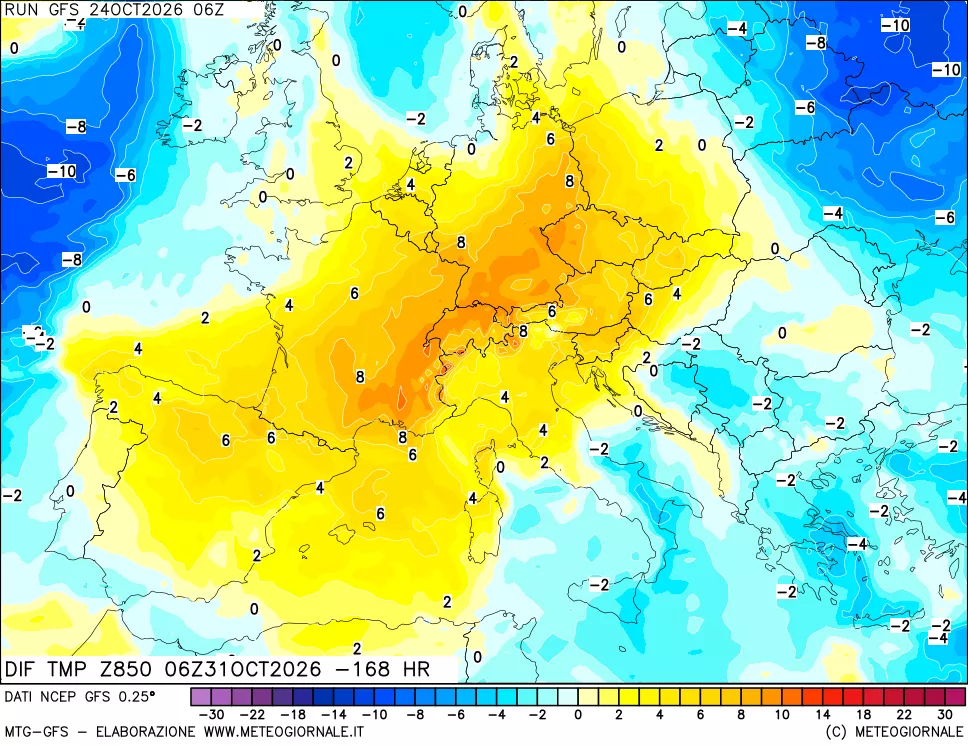 mappa Dif. Temp a 850 hPa Valid - Init