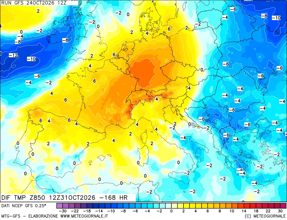 mappa Dif. Temp a 850 hPa Valid - Init