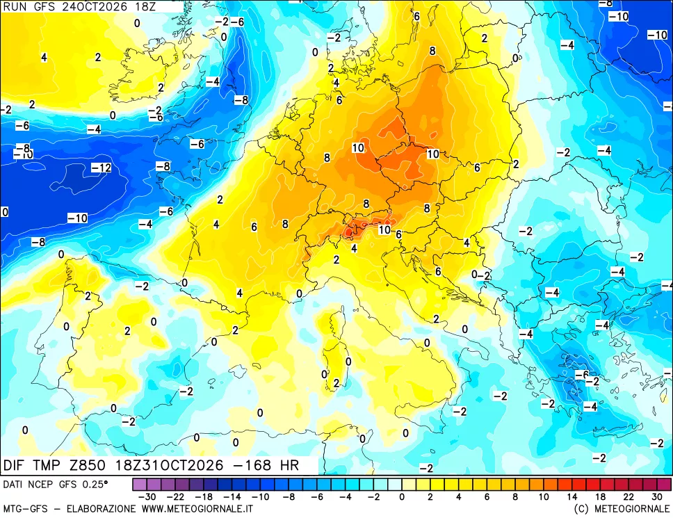 mappa Dif. Temp a 850 hPa Valid - Init