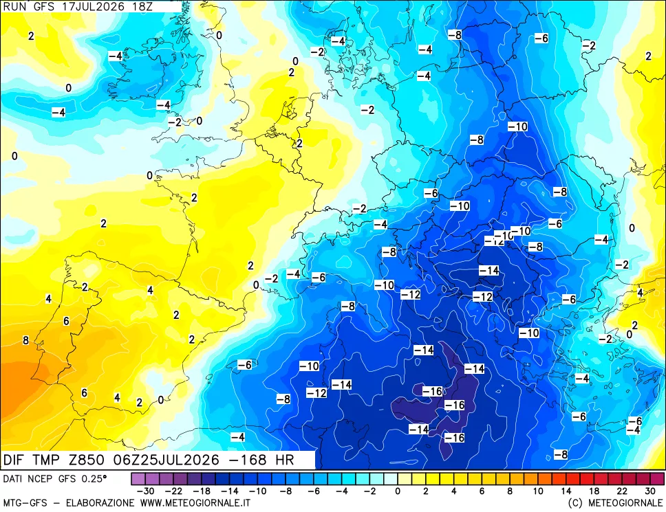 mappa Dif. Temp a 850 hPa Valid - Init