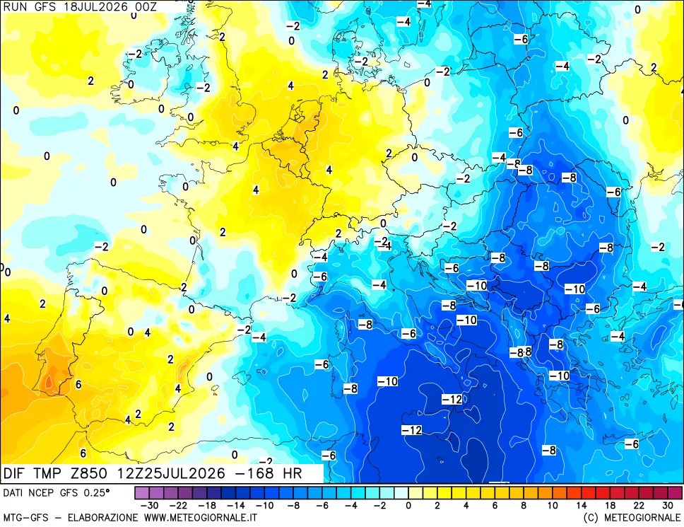 mappa Dif. Temp a 850 hPa Valid - Init