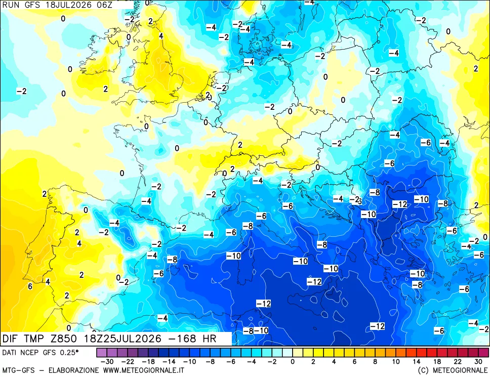 mappa Dif. Temp a 850 hPa Valid - Init