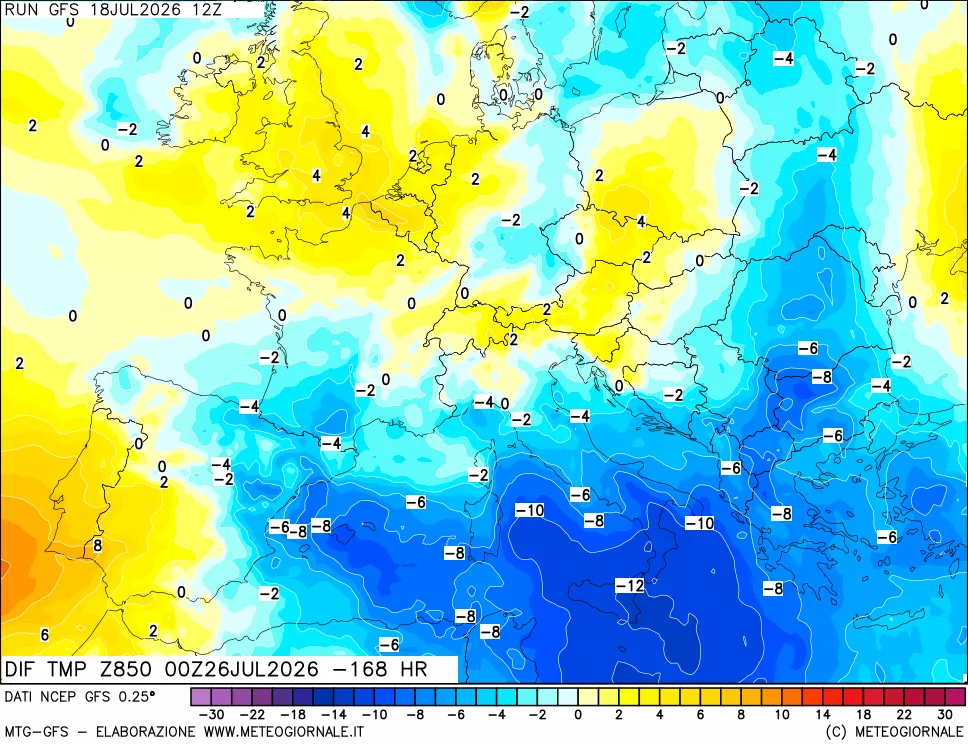 mappa Dif. Temp a 850 hPa Valid - Init