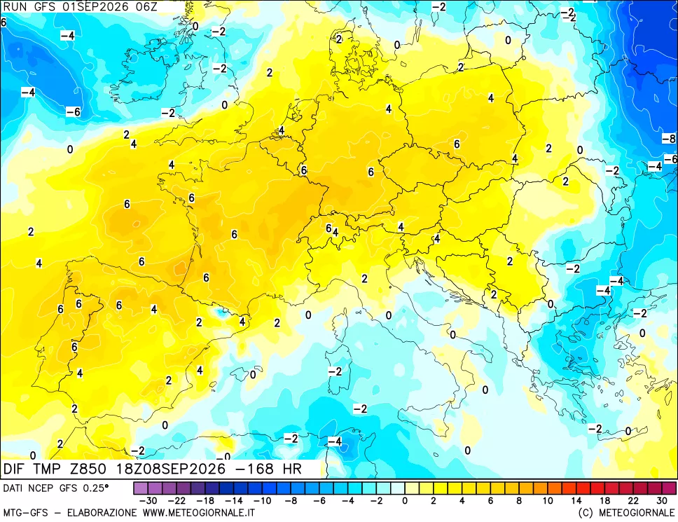 mappa Dif. Temp a 850 hPa Valid - Init