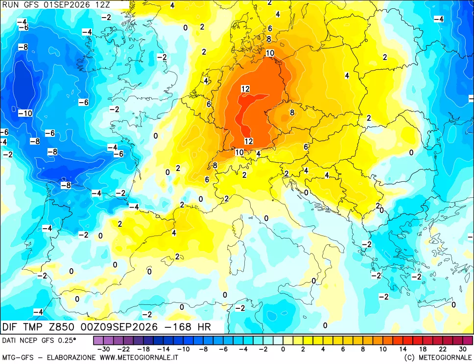 mappa Dif. Temp a 850 hPa Valid - Init