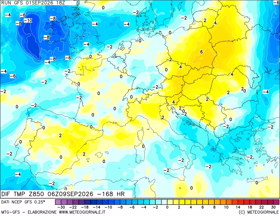 mappa Dif. Temp a 850 hPa Valid - Init