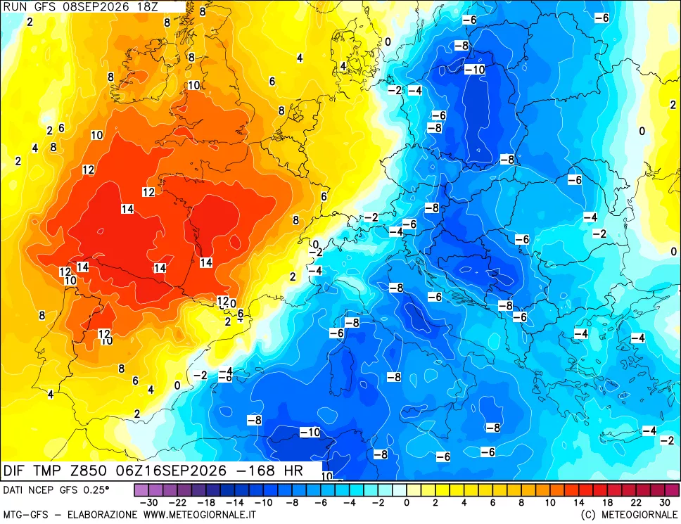 mappa Dif. Temp a 850 hPa Valid - Init