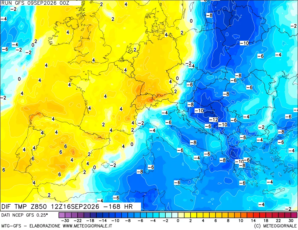 mappa Dif. Temp a 850 hPa Valid - Init
