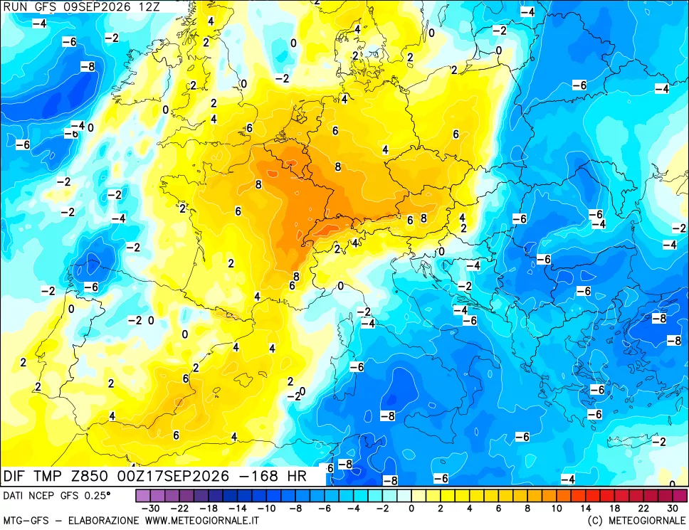 mappa Dif. Temp a 850 hPa Valid - Init