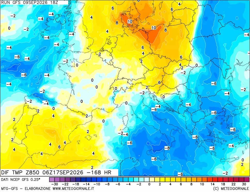 mappa Dif. Temp a 850 hPa Valid - Init