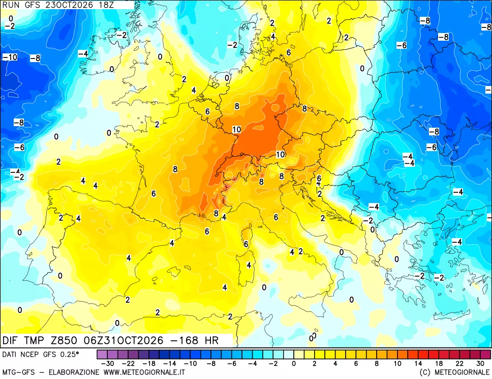 mappa Dif. Temp a 850 hPa Valid - Init