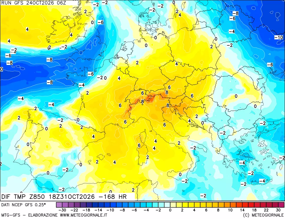 mappa Dif. Temp a 850 hPa Valid - Init