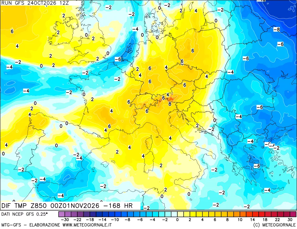 mappa Dif. Temp a 850 hPa Valid - Init