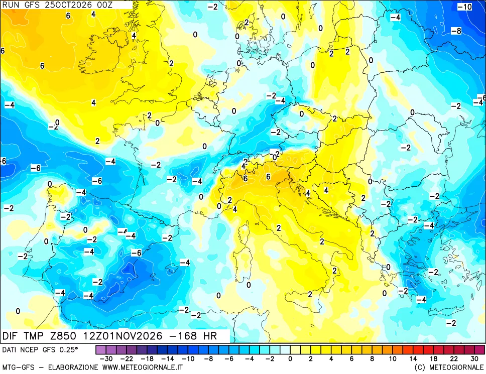 mappa Dif. Temp a 850 hPa Valid - Init