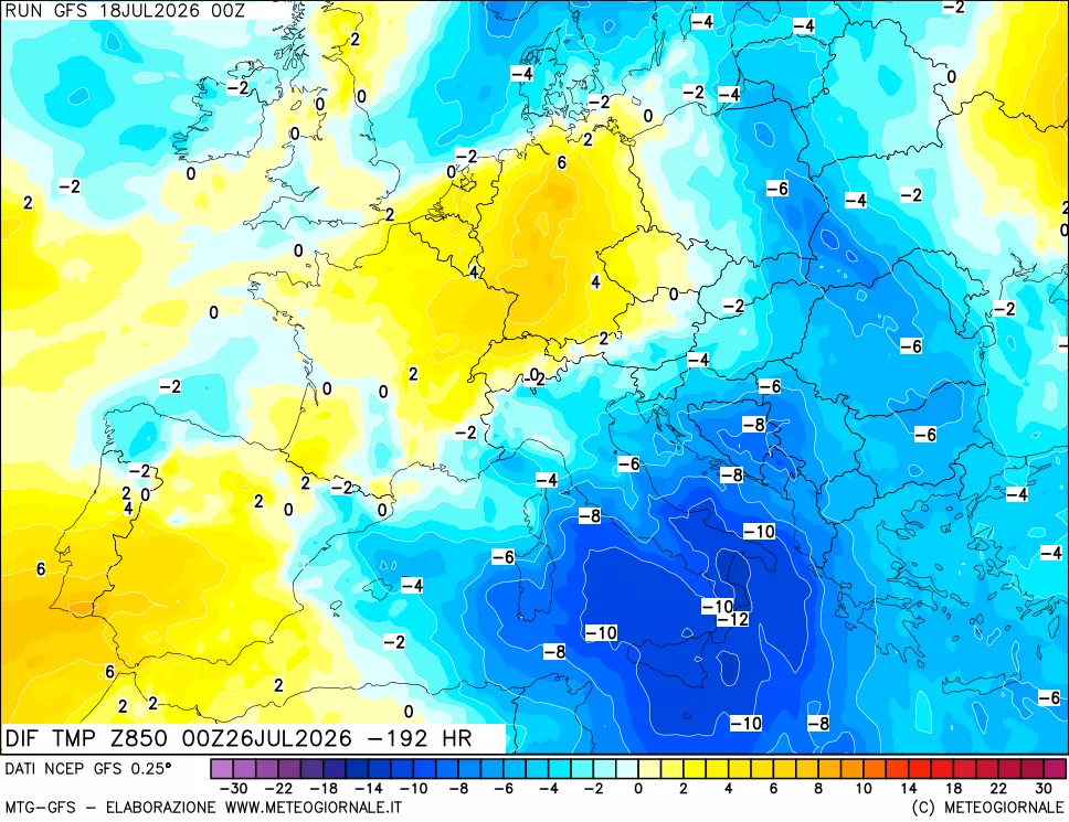 mappa Dif. Temp a 850 hPa Valid - Init