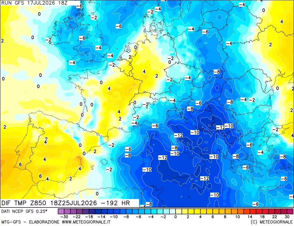 mappa Dif. Temp a 850 hPa Valid - Init