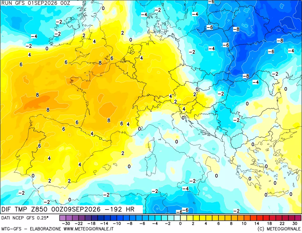 mappa Dif. Temp a 850 hPa Valid - Init