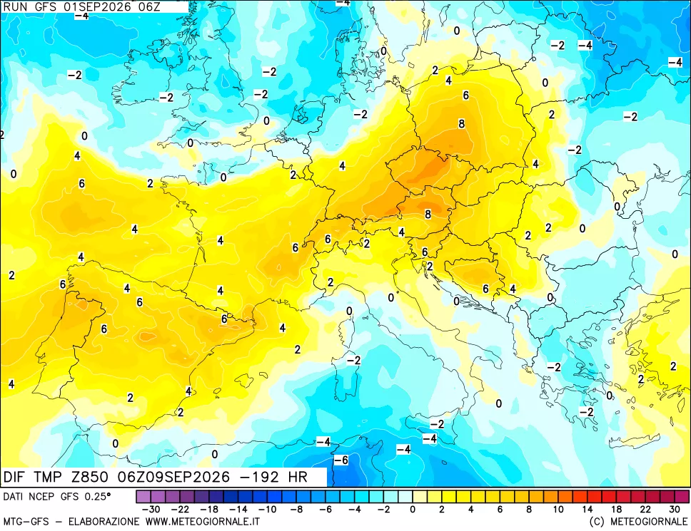 mappa Dif. Temp a 850 hPa Valid - Init
