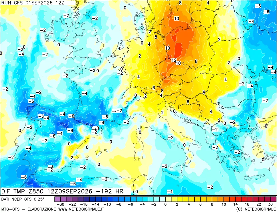 mappa Dif. Temp a 850 hPa Valid - Init