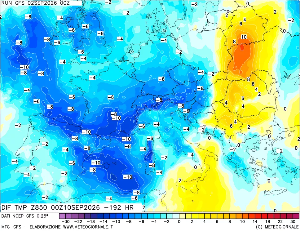 mappa Dif. Temp a 850 hPa Valid - Init