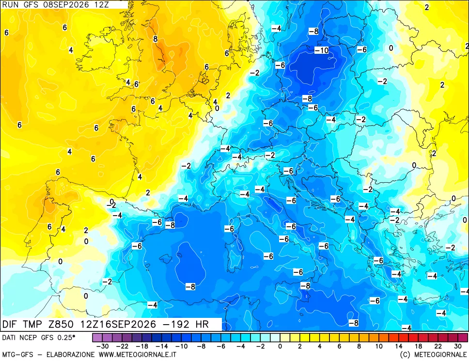 mappa Dif. Temp a 850 hPa Valid - Init
