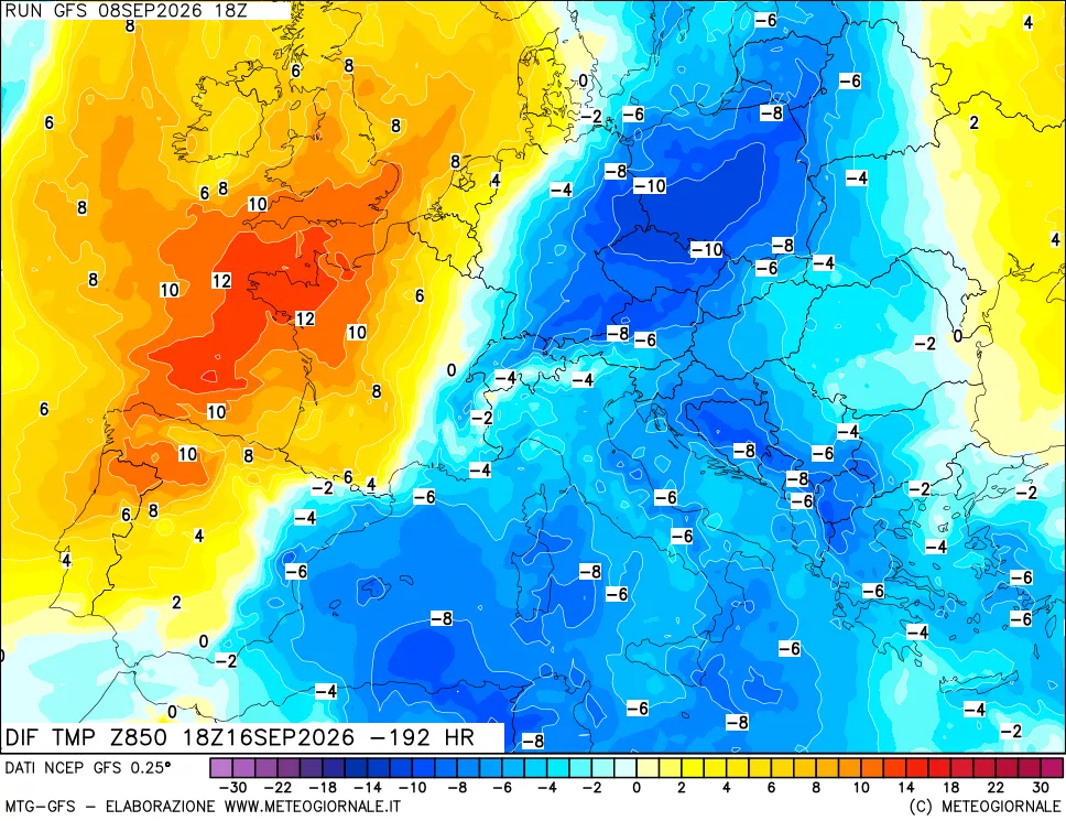 mappa Dif. Temp a 850 hPa Valid - Init