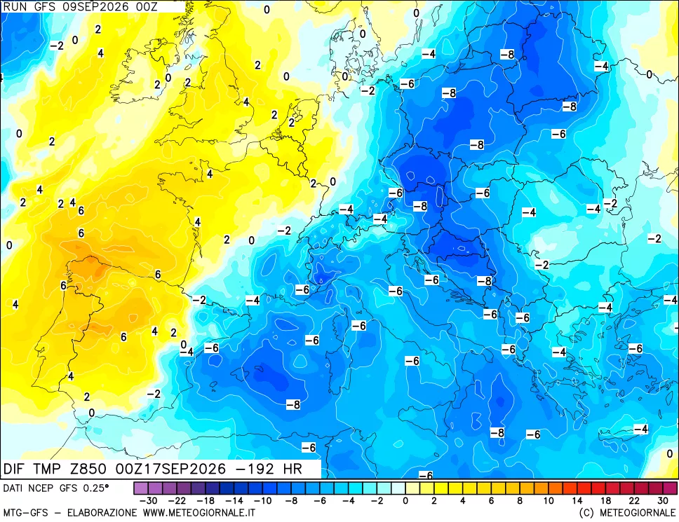 mappa Dif. Temp a 850 hPa Valid - Init