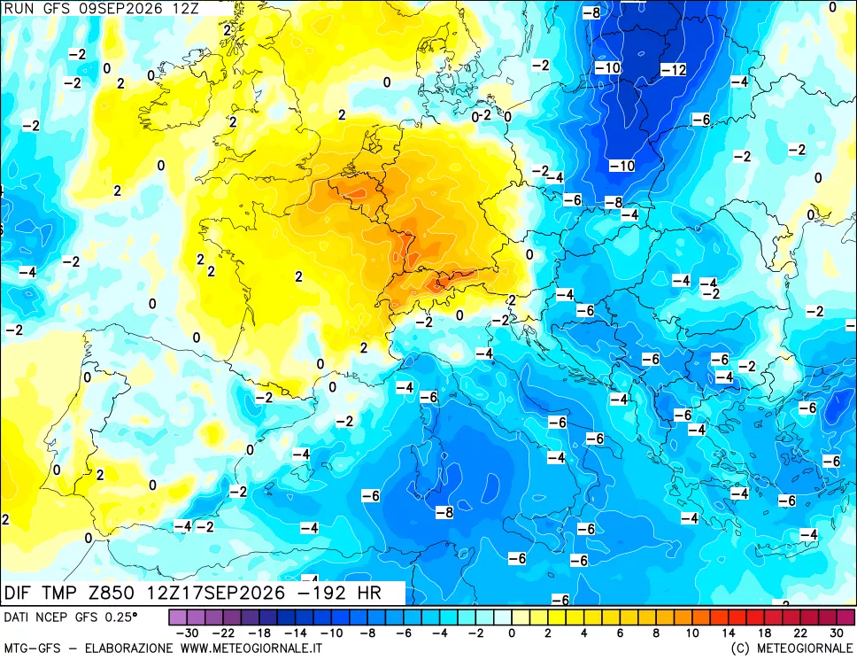 mappa Dif. Temp a 850 hPa Valid - Init