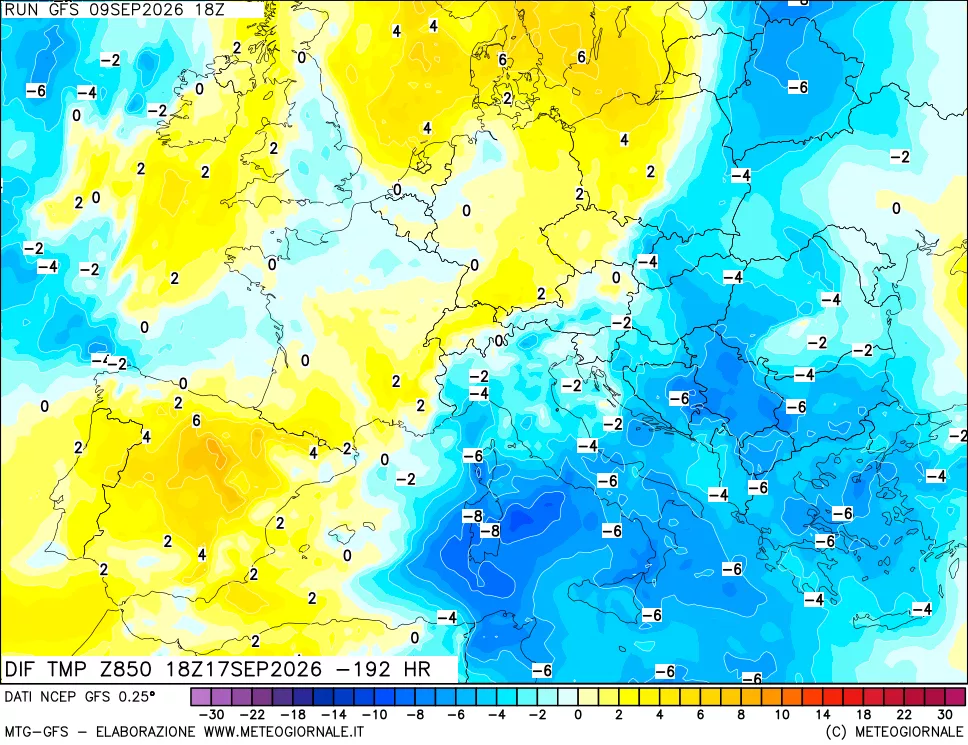 mappa Dif. Temp a 850 hPa Valid - Init