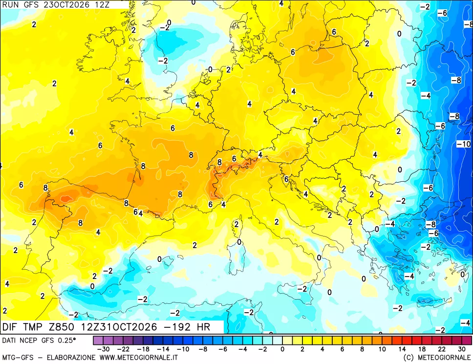 mappa Dif. Temp a 850 hPa Valid - Init