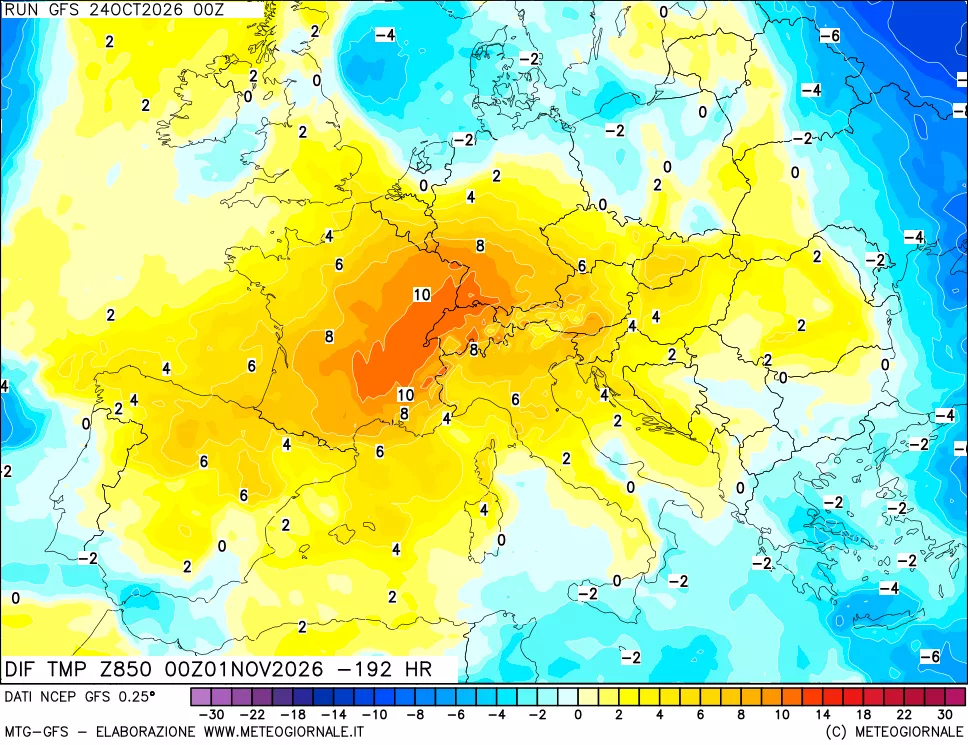 mappa Dif. Temp a 850 hPa Valid - Init