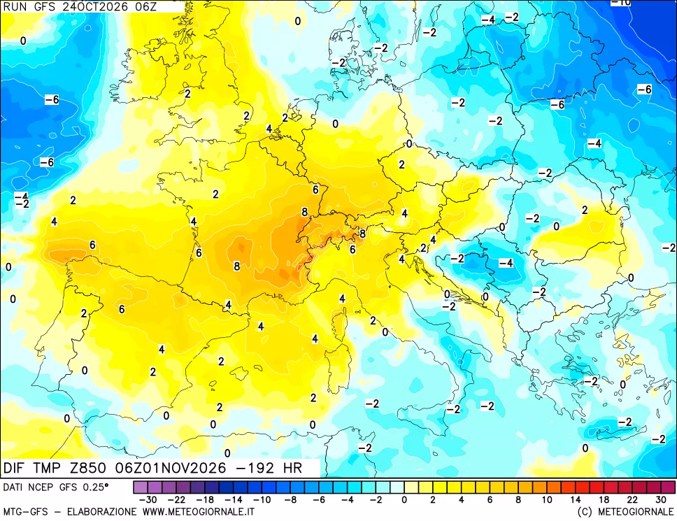 mappa Dif. Temp a 850 hPa Valid - Init