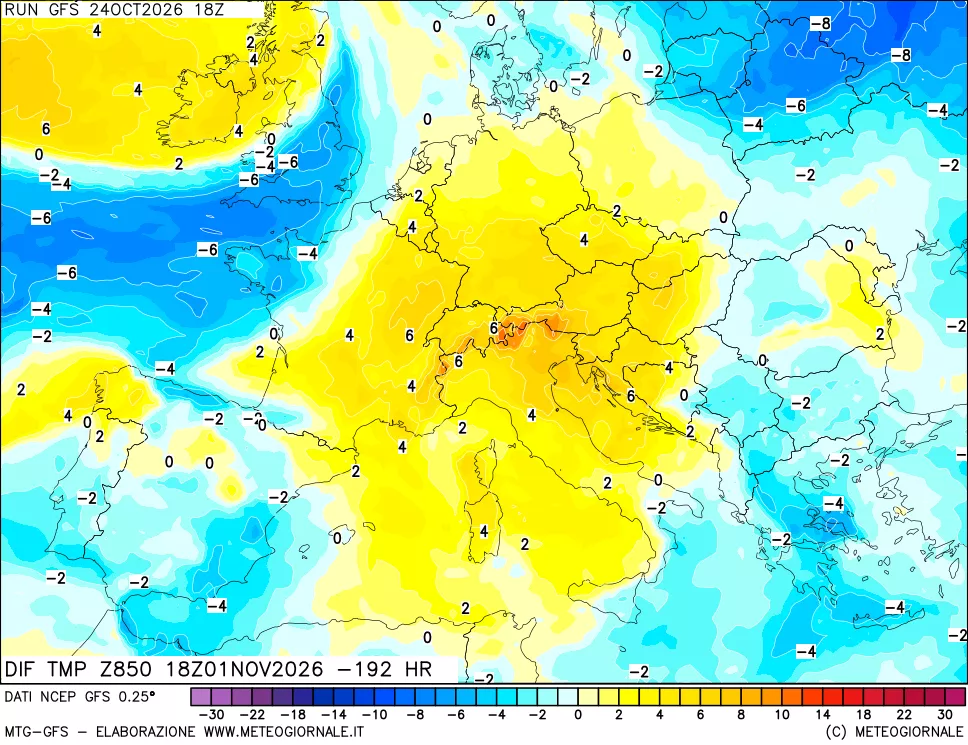 mappa Dif. Temp a 850 hPa Valid - Init