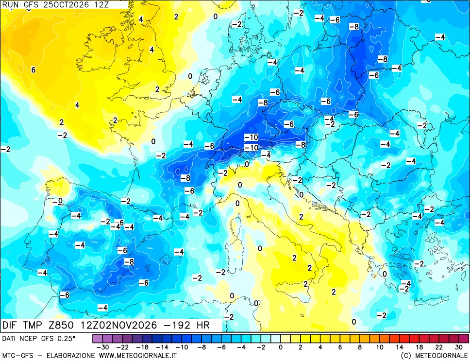 mappa Dif. Temp a 850 hPa Valid - Init