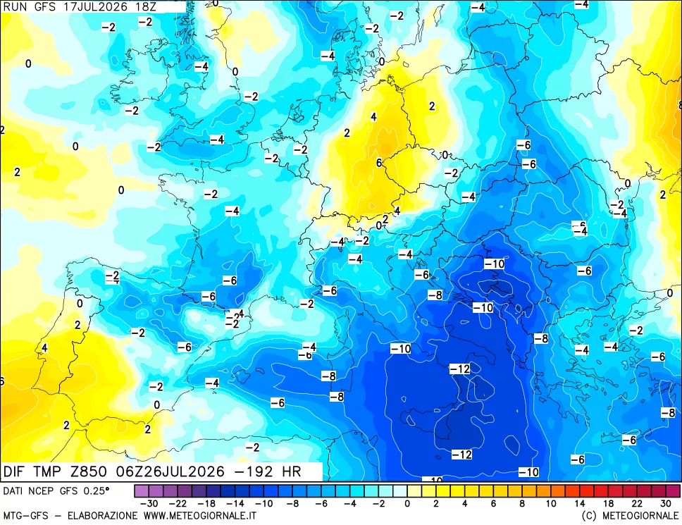 mappa Dif. Temp a 850 hPa Valid - Init
