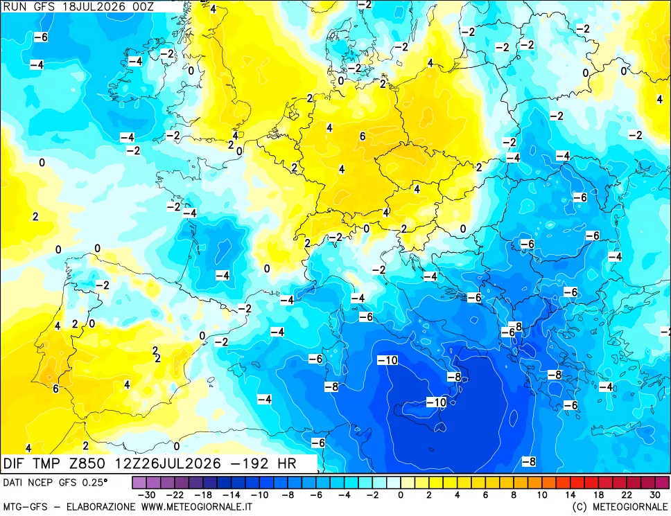 mappa Dif. Temp a 850 hPa Valid - Init