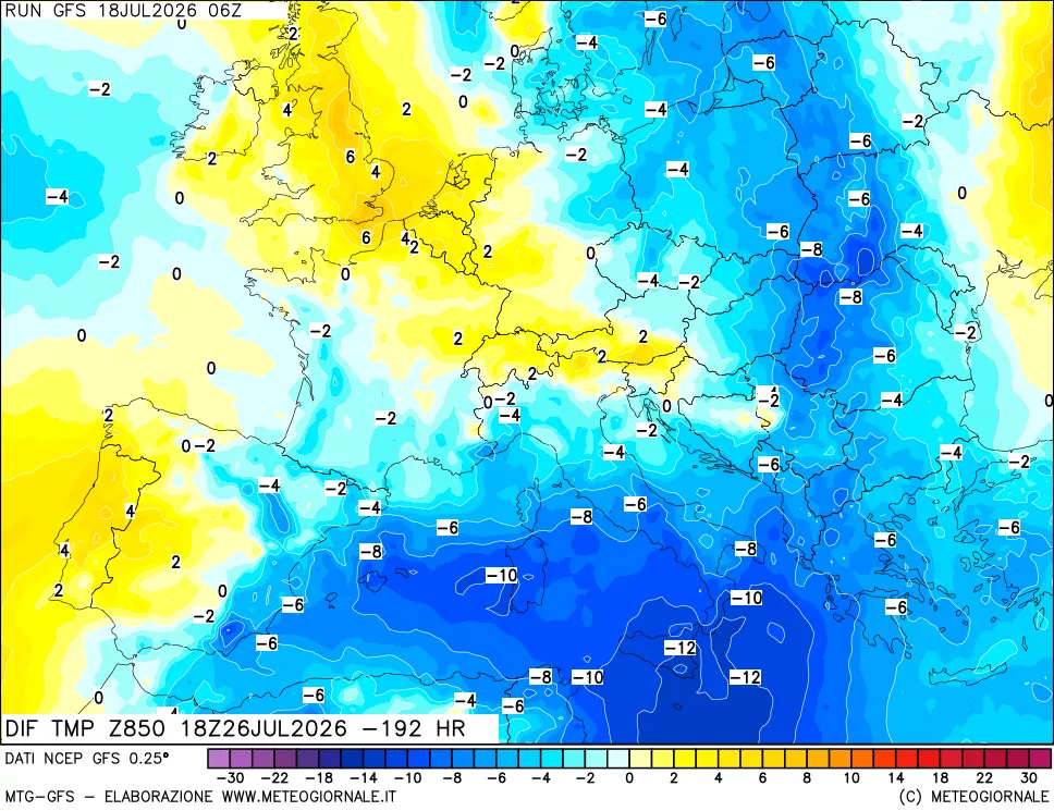 mappa Dif. Temp a 850 hPa Valid - Init