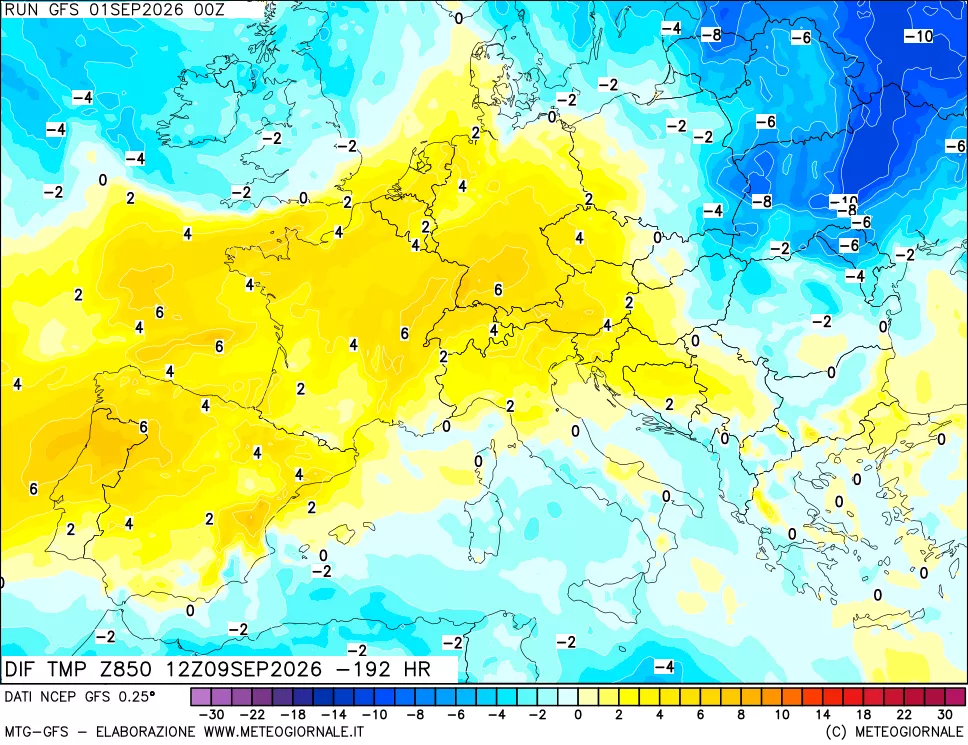 mappa Dif. Temp a 850 hPa Valid - Init