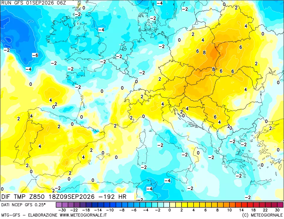 mappa Dif. Temp a 850 hPa Valid - Init